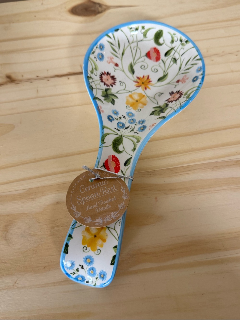 Ceramic Spoon Rest in Floral Blue Trim